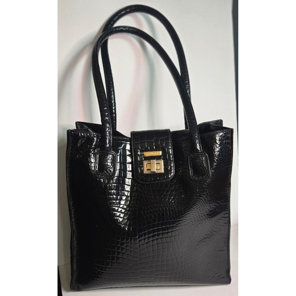 St. John Black Croc Embossed Patent Leather Tote Bag Gold Turn Lock Shoulder Bag